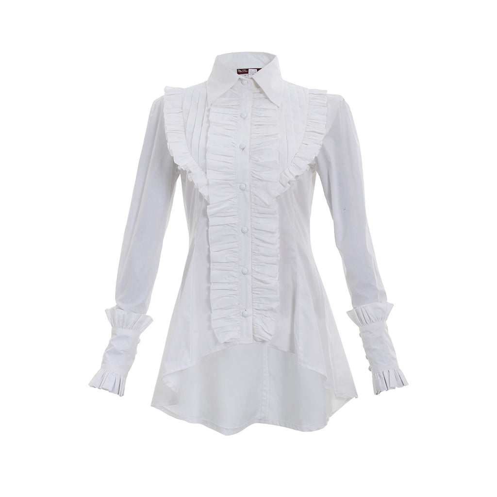 Medieval Gothic Women Black Ruffled Collared Long Sleeve Asymmetrical Hem Tunic Top Cosplay Costume
