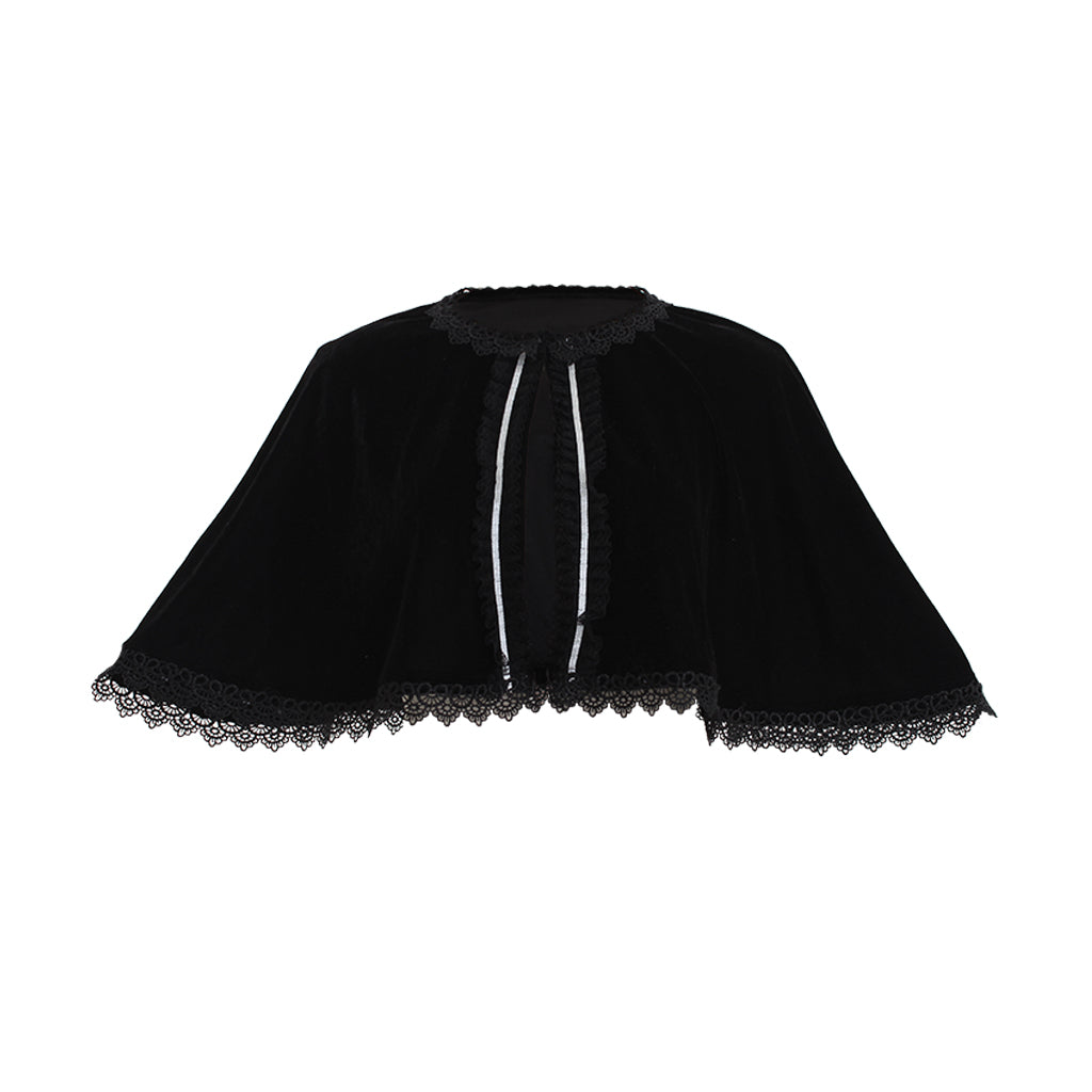 Medieval Gothic Black Velvet Short Cloak with Lace Trim & White Ruffled Accents Women’s Renaissance Vintage Cosplay Capelet