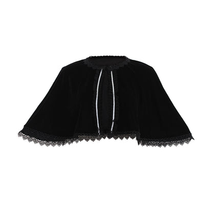 Medieval Gothic Black Velvet Short Cloak with Lace Trim & White Ruffled Accents Women’s Renaissance Vintage Cosplay Capelet