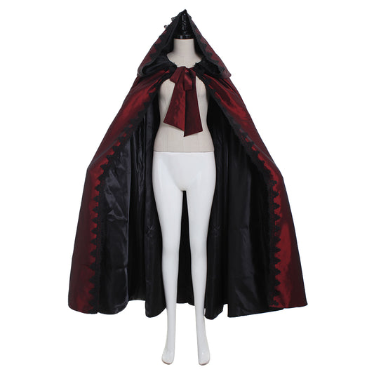 Medieval Gothic Burgundy Black Hooded Cloak Satin Cape with Lace Trim and Bowknot Women’s Renaissance Cosplay Halloween Costume