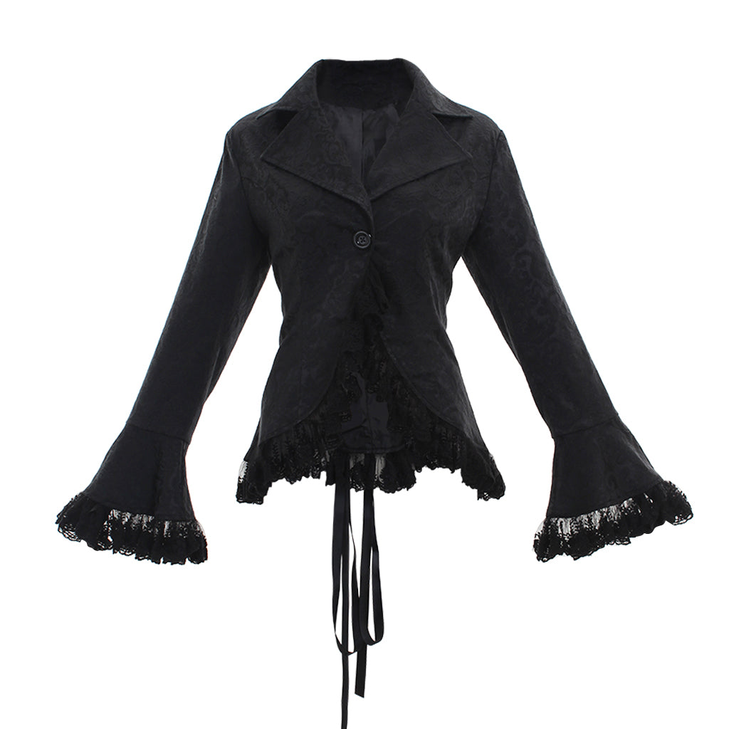 Medieval Gothic Purple Brocade Jacket Flared Sleeves with Black Lace Trim Renaissance Vintage Cosplay Costume Coat