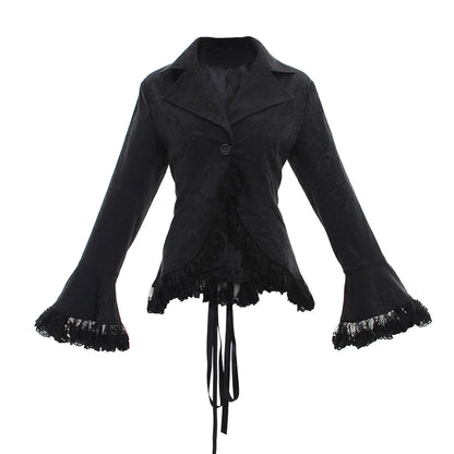 Medieval Gothic Purple Brocade Jacket Flared Sleeves with Black Lace Trim Renaissance Vintage Cosplay Costume Coat