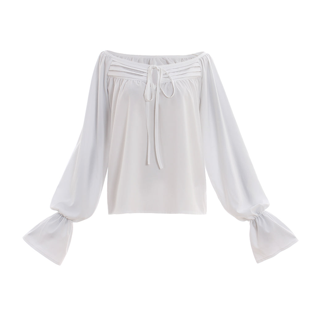 Medieval Renaissance White Off  Shoulder Tie  Front Blouse with Balloon Sleeves  Vintage Cosplay Costume Top