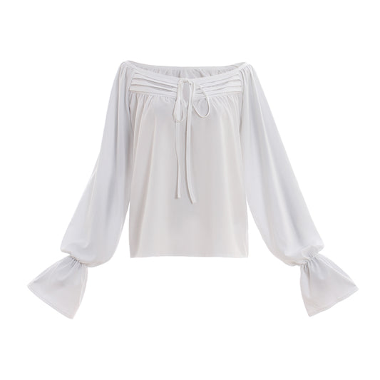 Medieval Renaissance White Off  Shoulder Tie  Front Blouse with Balloon Sleeves  Vintage Cosplay Costume Top