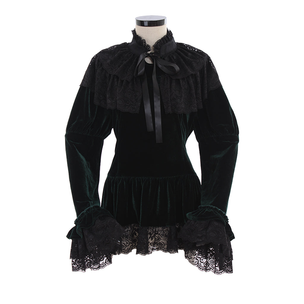 Gothic Victorian-Inspired Deep Green Velvet Blouse with Black Lace Ruffles, High Neck, and Bow Accent