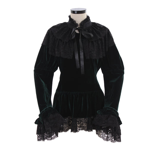 Gothic Victorian-Inspired Deep Green Velvet Blouse with Black Lace Ruffles, High Neck, and Bow Accent