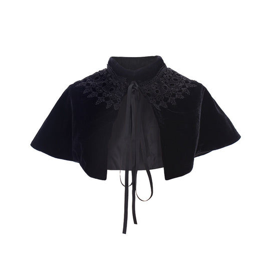 Medieval Gothic Black Velvet Cropped Capelet with Lace-Trimmed Neckline and Tie-Front Closure