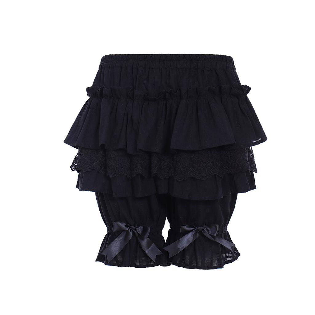 Medieval Gothic Black Lolita Ruffled Bloomers with Multi-Layered Lace Panels and Bow Accents