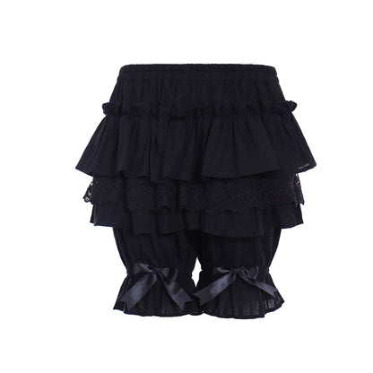 Medieval Gothic Black Lolita Ruffled Bloomers with Multi-Layered Lace Panels and Bow Accents