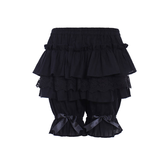 Medieval Gothic Black Lolita Ruffled Bloomers with Multi-Layered Lace Panels and Bow Accents