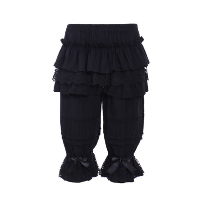 Medieval Gothic Black Lolita Ruffled Bloomers with Multi Layered Lace Trim and Bow-Accented Cuffs