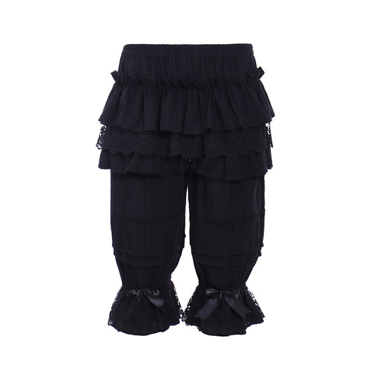 Medieval Gothic Black Lolita Ruffled Bloomers with Multi Layered Lace Trim and Bow-Accented Cuffs