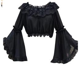 Medieval Gothic White Off-Shoulder Chiffon Crop Top with Lace Ruffled Neckline and Bell Sleeves
