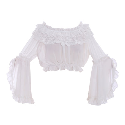 Medieval Gothic White Off-Shoulder Chiffon Crop Top with Lace Ruffled Neckline and Bell Sleeves