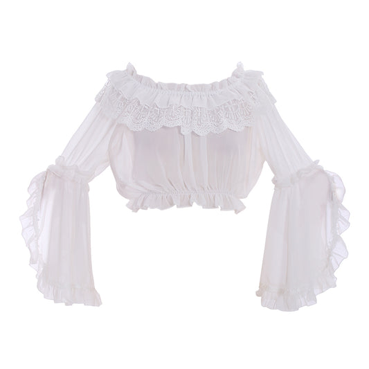 Medieval Gothic White Off-Shoulder Chiffon Crop Top with Lace Ruffled Neckline and Bell Sleeves