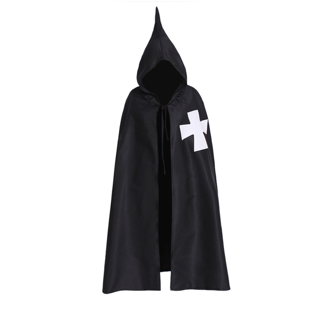 Medieval-Inspired Black Hooded Cloak with White Cross Emblem and Drawstring Closure