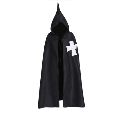 Medieval-Inspired Black Hooded Cloak with White Cross Emblem and Drawstring Closure