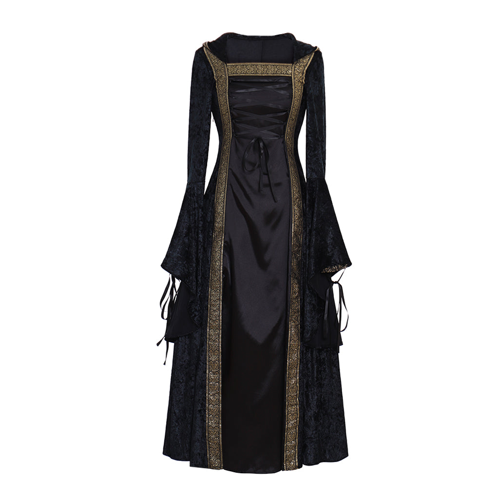 Victorian Gothic Women's Black and Gold Cosplay Dress with Square Neck, Long Sleeves, Lace-Up Front and Contrast Trim