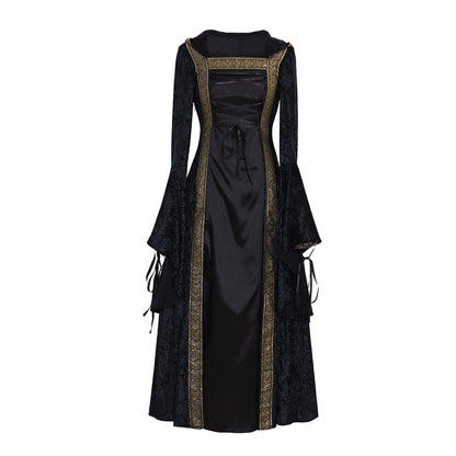 Victorian Gothic Women's Black and Gold Cosplay Dress with Square Neck, Long Sleeves, Lace-Up Front and Contrast Trim