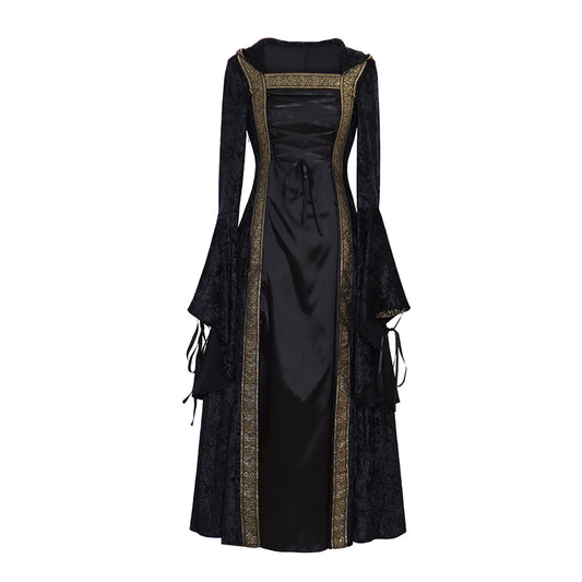 Victorian Gothic Women's Black and Gold Cosplay Dress with Square Neck, Long Sleeves, Lace-Up Front and Contrast Trim