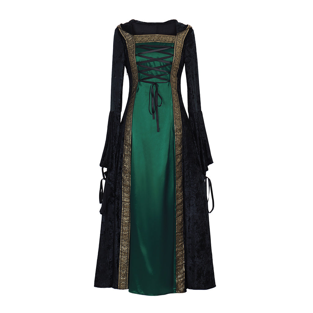 Victorian Gothic Women's Black and Green Cosplay Dress with Square Neck, Long Sleeves, Lace Up Front and Contrast Trim