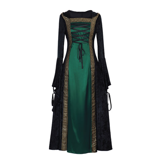 Victorian Gothic Women's Black and Green Cosplay Dress with Square Neck, Long Sleeves, Lace Up Front and Contrast Trim
