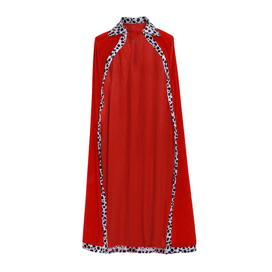 Medieval Red Full-Length Cloak with Leopard Print Trim Detailing