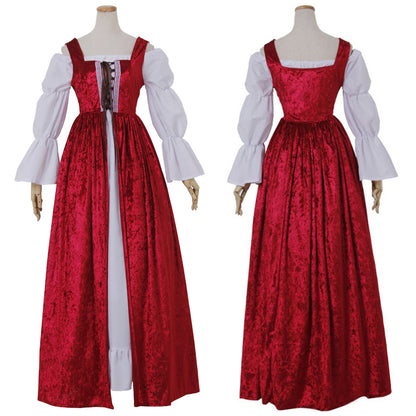 Medieval Renaissance Women's Red and White Cosplay Dress with Square Neck, Puff Sleeves, Button Front and Contrast Trim Gothic Ladies Halloween Party Outerwear