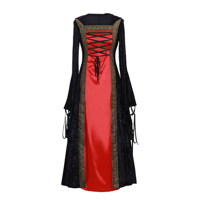 Victorian Gothic Women's Cosplay Dress with Square Neck, Long Sleeves, Lace Up Front and Contrast Trim