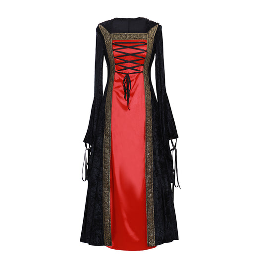 Victorian Gothic Women's Cosplay Dress with Square Neck, Long Sleeves, Lace Up Front and Contrast Trim