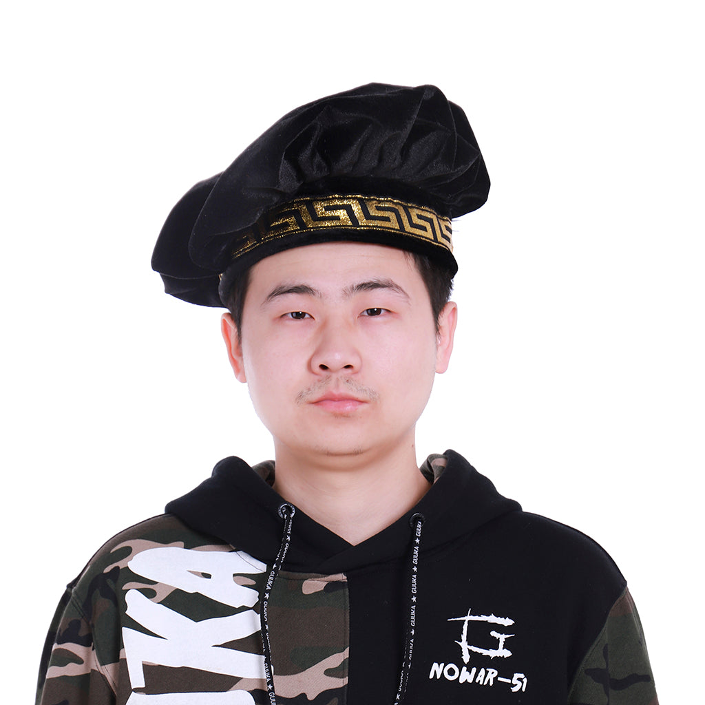 Medieval Black Hat with Gold Greek Key Pattern Trim