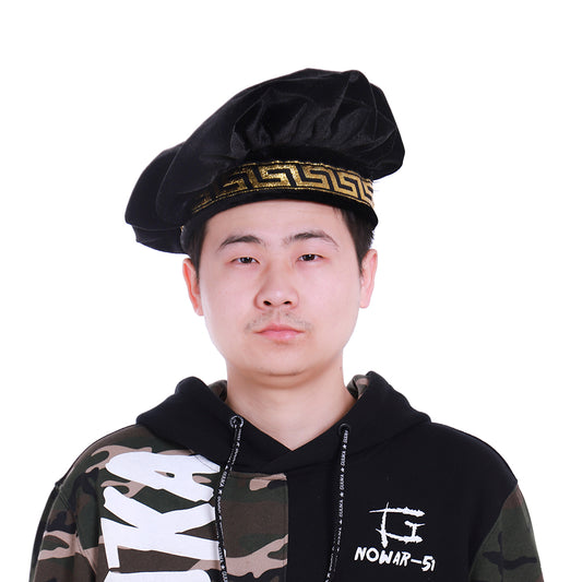 Medieval Black Hat with Gold Greek Key Pattern Trim