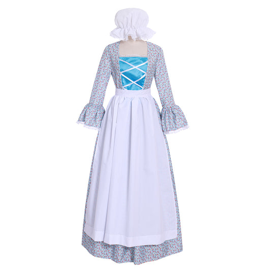 Medieval Renaissance Women's Blue and White Cosplay Dress with Square Neck, Puff Sleeves, Contrast Bodice and Apron Style Skirt Gothic Ladies Halloween Party Outerwear