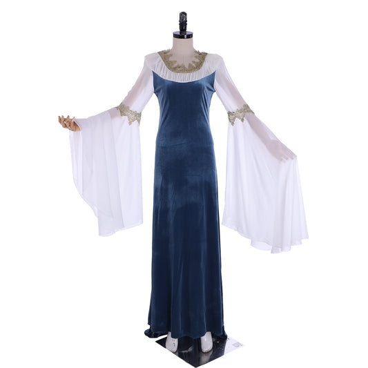 Medieval Costume Handmade Historical Dress Retro Fairy Elf Dark Blue Velvet Gown with Chiffon Sleeves Women Viking Blue Cosplay Costume Adult Renaissance Norse Gothic Flowy Bell - Sleeve Maxi Gown Ladies Halloween Dress