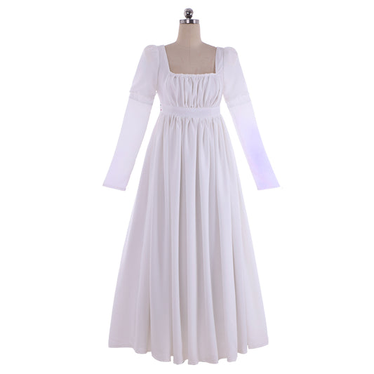 Medieval White Regency Dress Empire Waist Jane Austen Dress Tea Party Medieval Vintage Ball Gown Costume Retro Renaissance White Flowy Square Neck Long Sleeve Maxi Dress Women Cosplay Costume Adult Ladies Halloween Gown