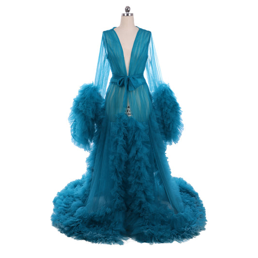 Medieval Tulle Robe Puffy Bridal Lingerie Bathgown Sheer Maternity Photoshoot Sexy Illusion Long Robe Nightgown Teal Regency Retro Renaissance Dress Women Cosplay Outfit Adult Ladies Halloween Dress