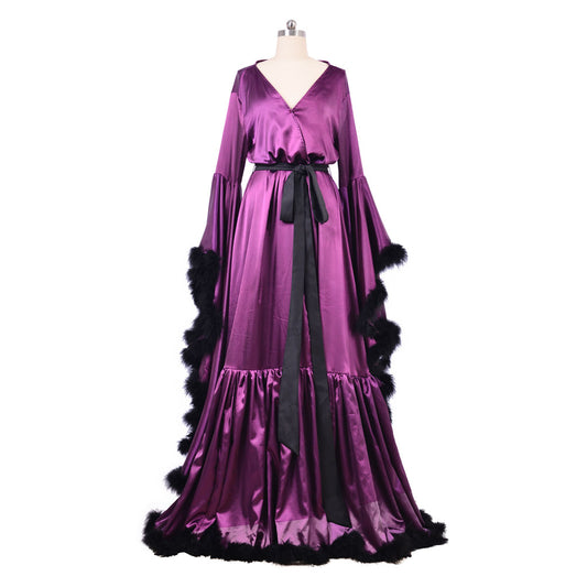 Medieval  Sexy Feather Bridal Robe Long Wedding Scarf Illusion Bathrobe Sleepwear Lingerie Robe Nightgown Women Gothic Purple Cosplay Costume Adult Renaissance Gown With Belt Furry Trim Ladies Halloween Christmas V-Neck Dress