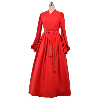 Medieval Vintage Regency Dress Long Sleeve Red Peasant Dress Medieval Princess Wedding Dress Elegant Red Long Sleeve Renaissance Gown With Belt Women Cosplay Costume Adult Ladies Halloween Christmas Dress