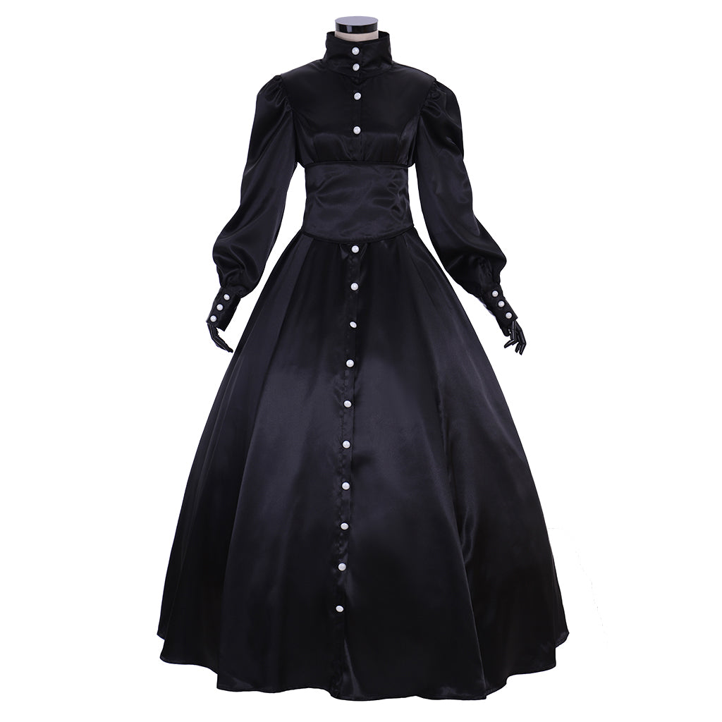 Medieval Gothic Black Satin Ball Gown Puff Sleeve Button Front Waist Cincher Women Adult Renaissance Cosplay Costume Ladies Halloween Christmas Dress