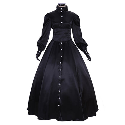 Medieval Gothic Black Satin Ball Gown Puff Sleeve Button Front Waist Cincher Women Adult Renaissance Cosplay Costume Ladies Halloween Christmas Dress