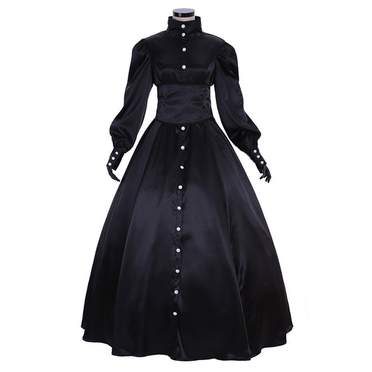 Medieval Gothic Black Satin Ball Gown Puff Sleeve Button Front Waist Cincher Women Adult Renaissance Cosplay Costume Ladies Halloween Christmas Dress