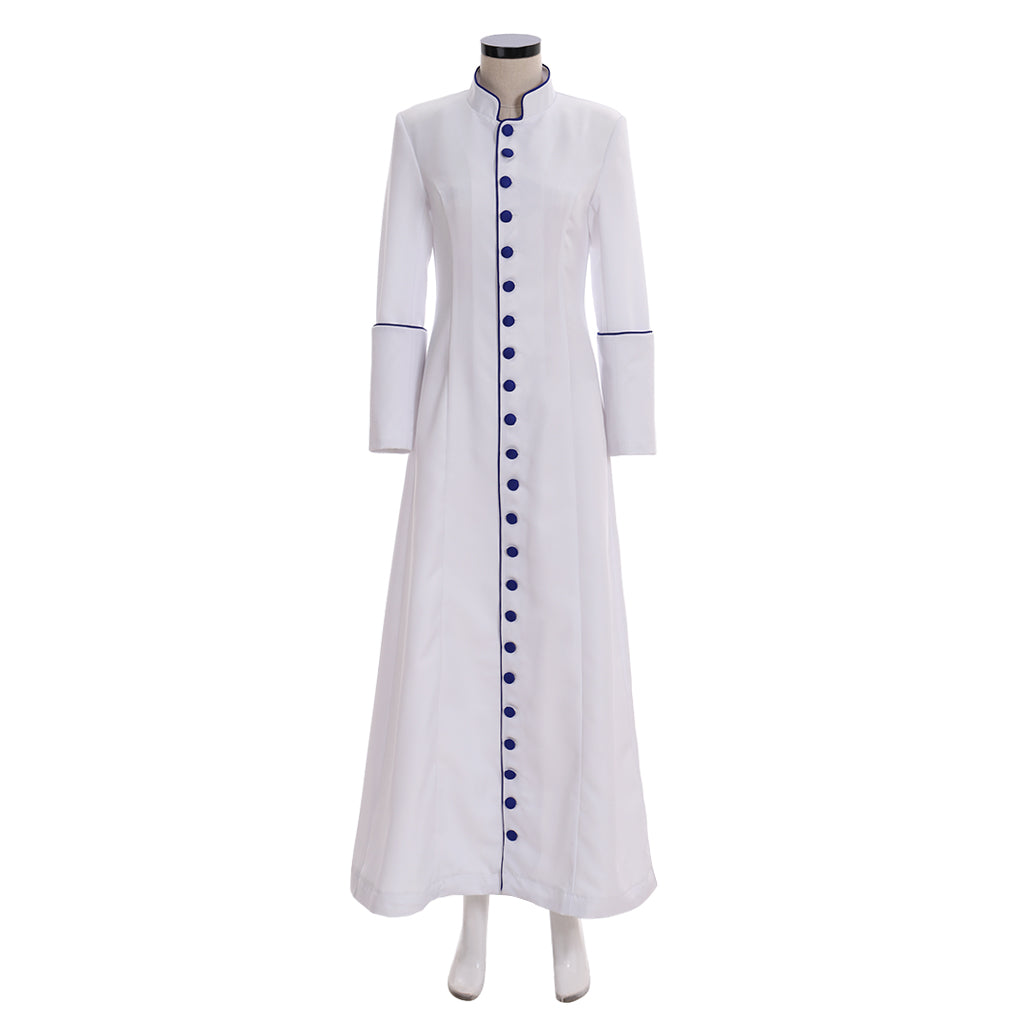 Medieval Renaissance Women's White Cosplay Dress with Stand Up Collar, Long Sleeves, Button  Front Design and Floor  Length Skirt Gothic Ladies Vintage Party Gown