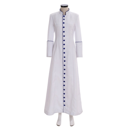 Medieval Renaissance Women's White Cosplay Dress with Stand Up Collar, Long Sleeves, Button  Front Design and Floor  Length Skirt Gothic Ladies Vintage Party Gown